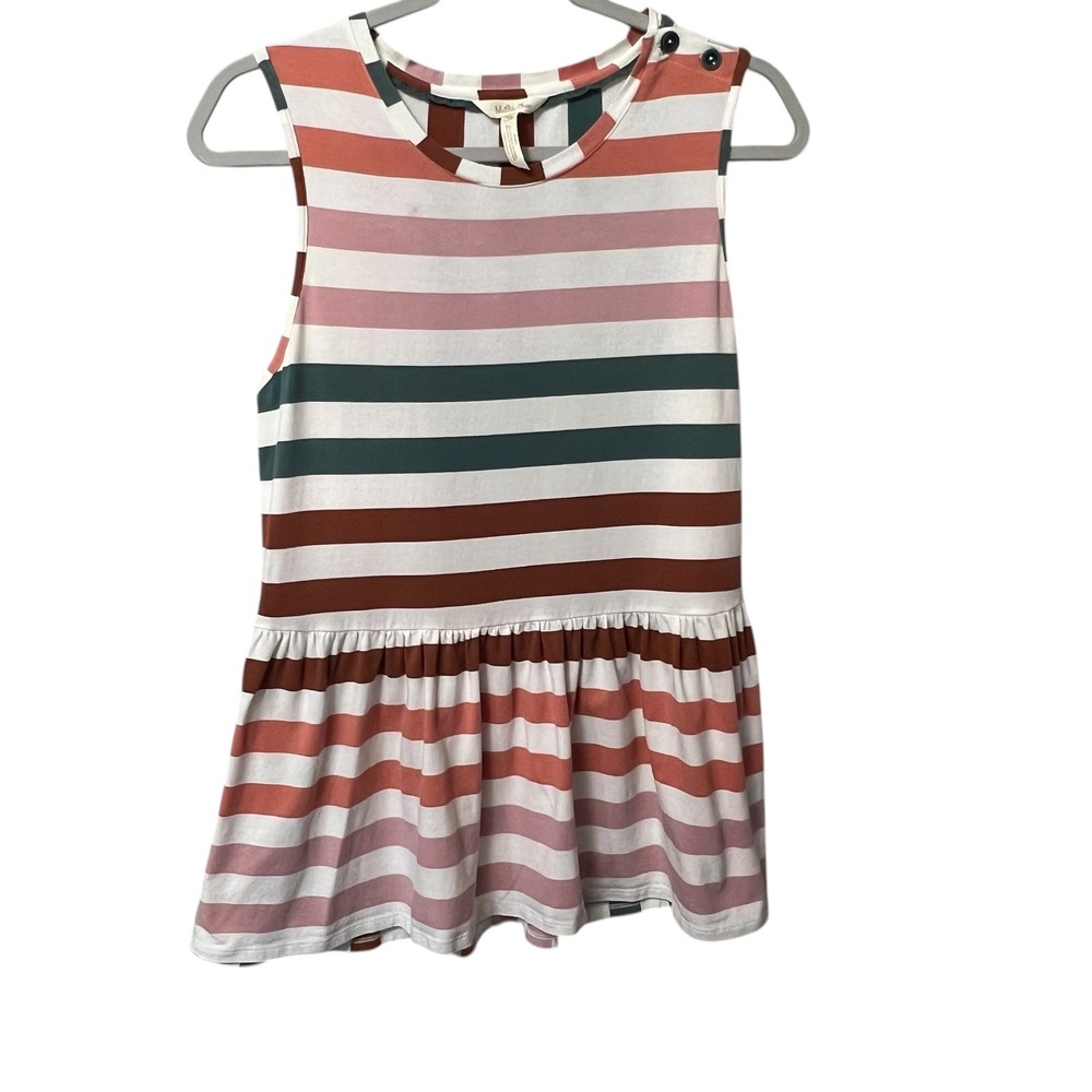 Matilda Jane Girls Striped Peplum Dress Siz 2 MG Button Shoulder Multicolor Knit